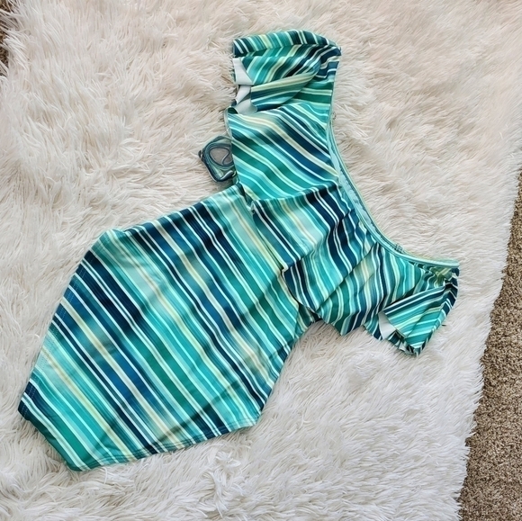 Vince Camuto azure printed off shoulder ruffled striped swimsuit Sz. 6 NWOT - Picture 5 of 6